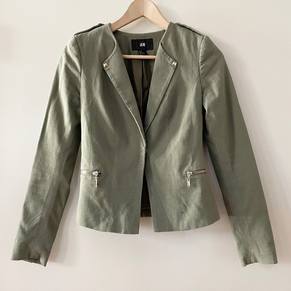 H&M Soft Olive Green Structured Blazer Sz 2 XS